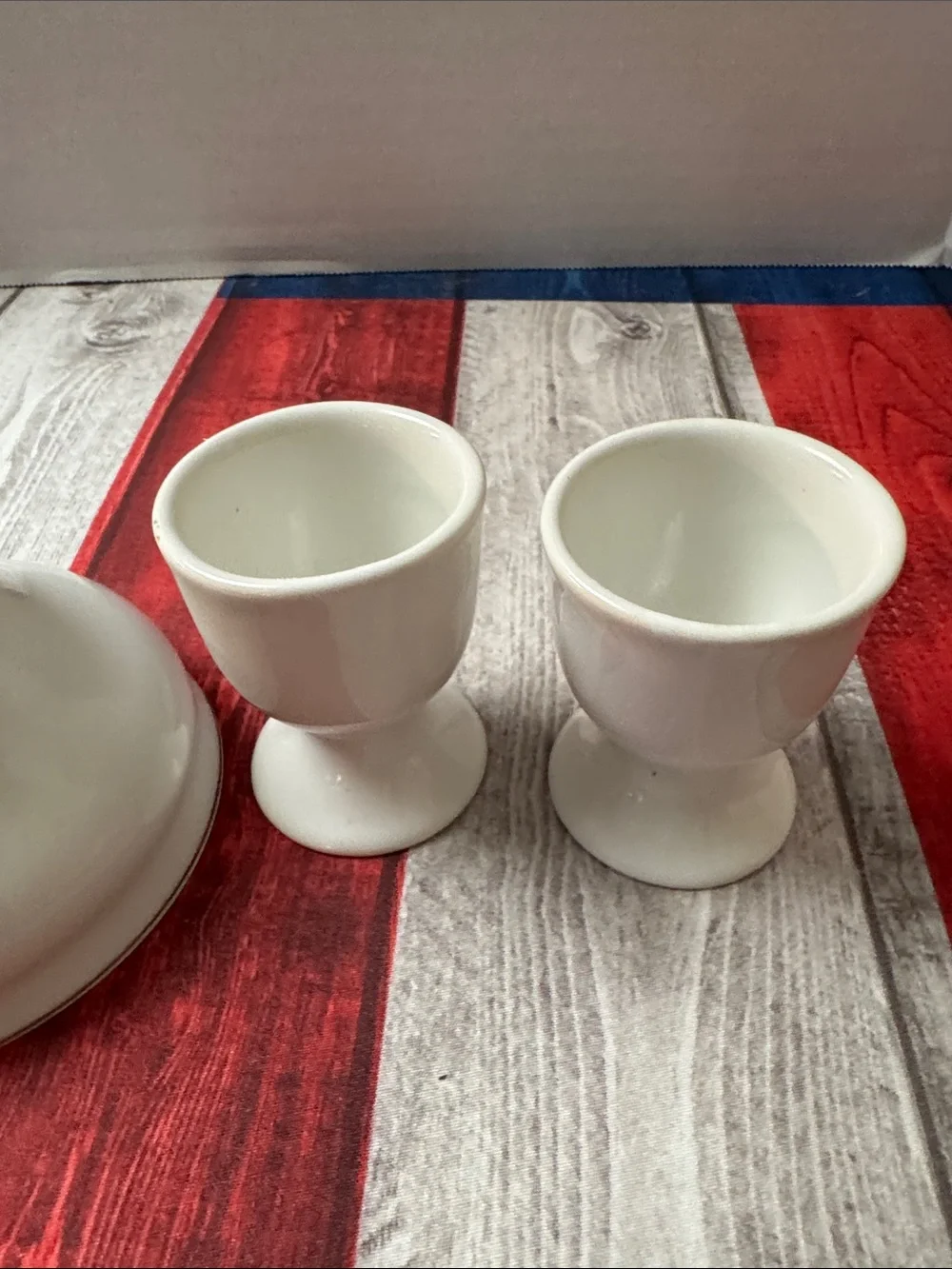 Vintage White/Cream Ceramic Pedestal Tea Cup and Egg Cups Set